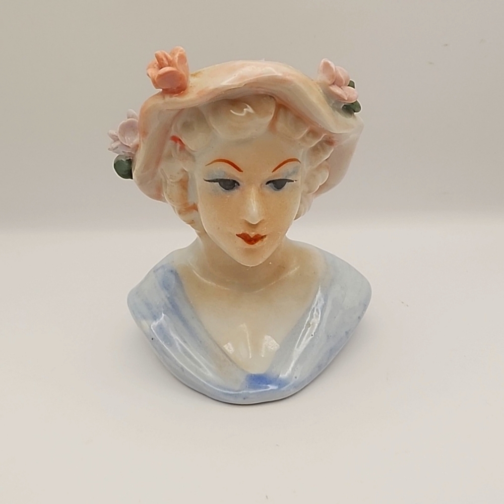 Vintage Lady Head Vase Blue Dress & Pink Hat